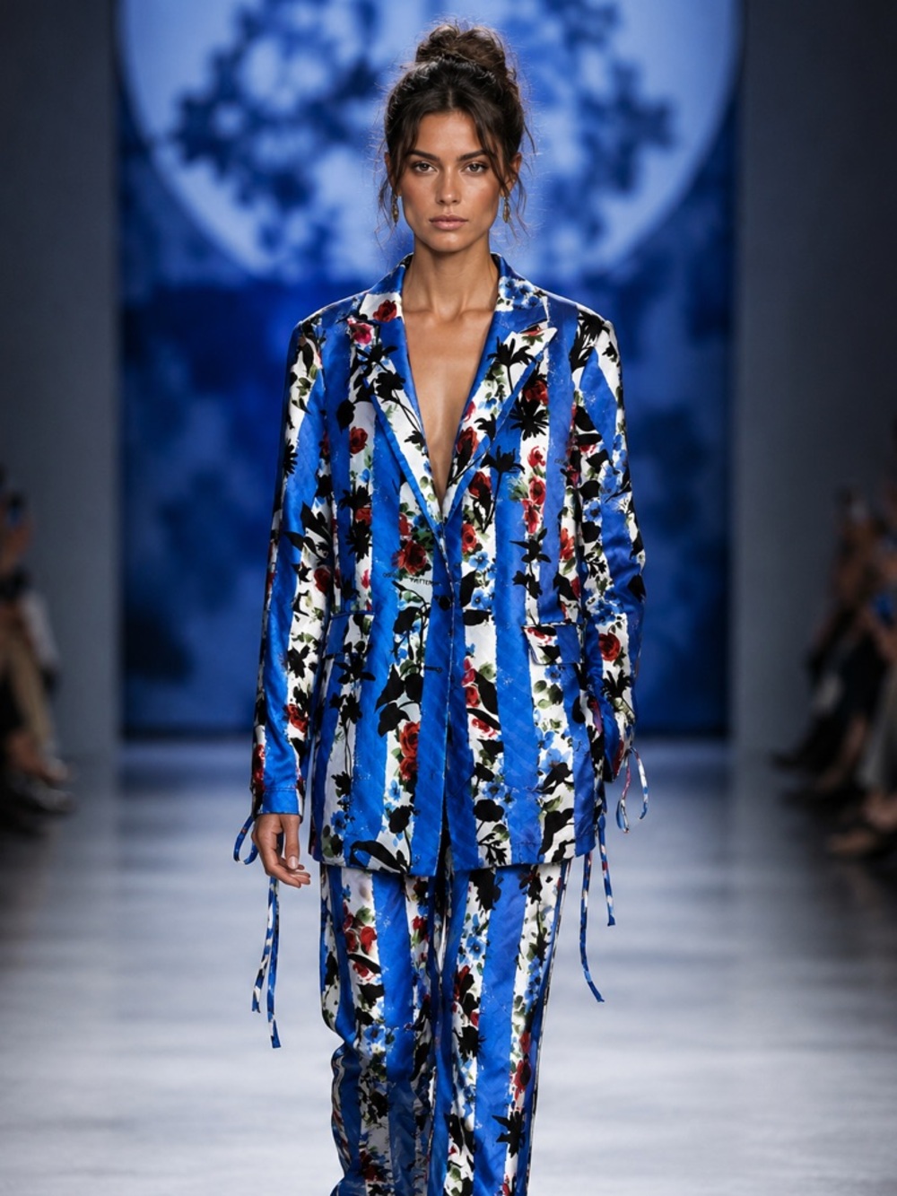 Off-White Blue Floral Stripe Women's Blazer Jacket